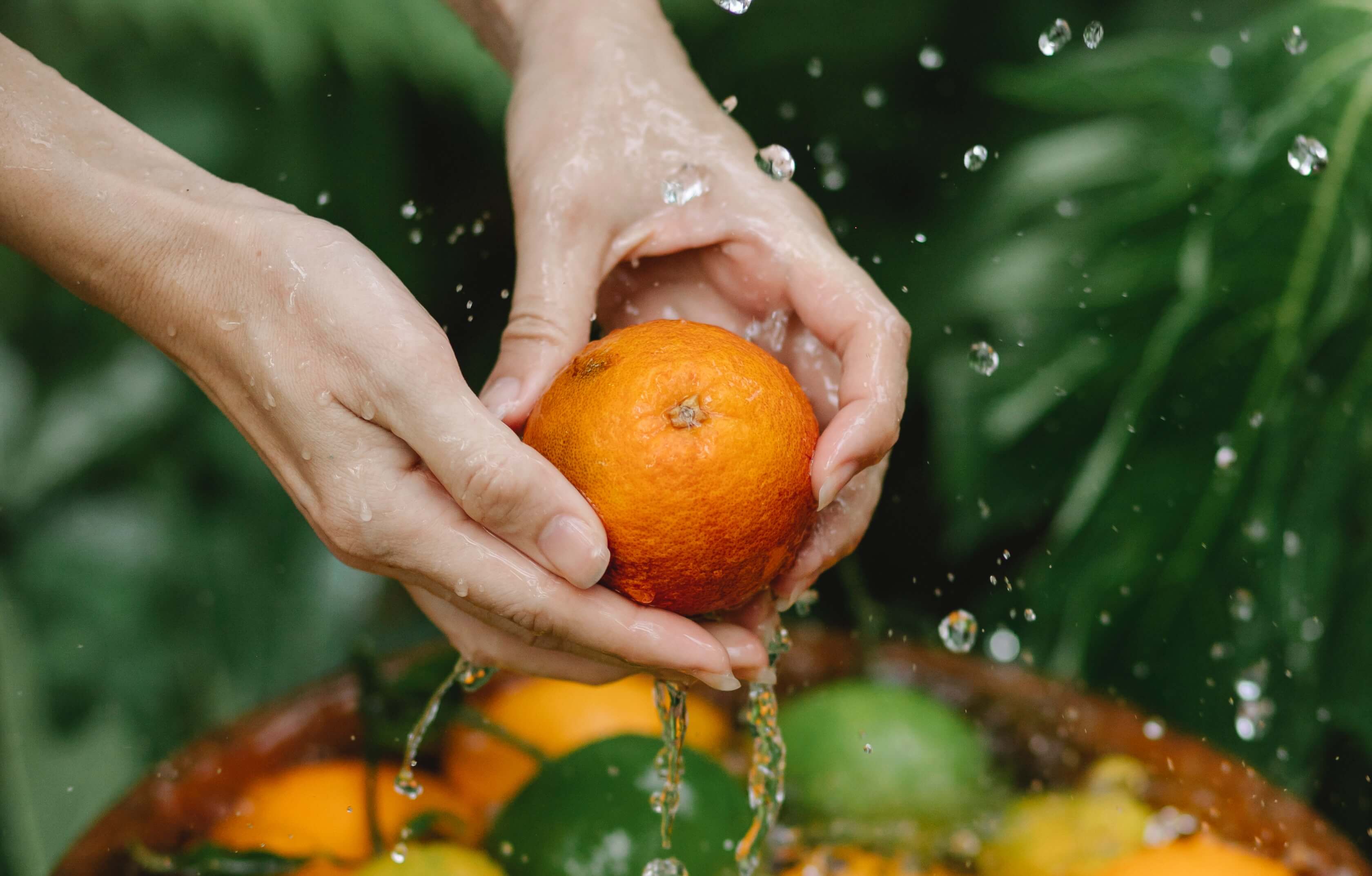 hands-oranges-water